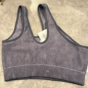 Fabletics, new top with tag asymmetric, low impact sports bra, gray size medium